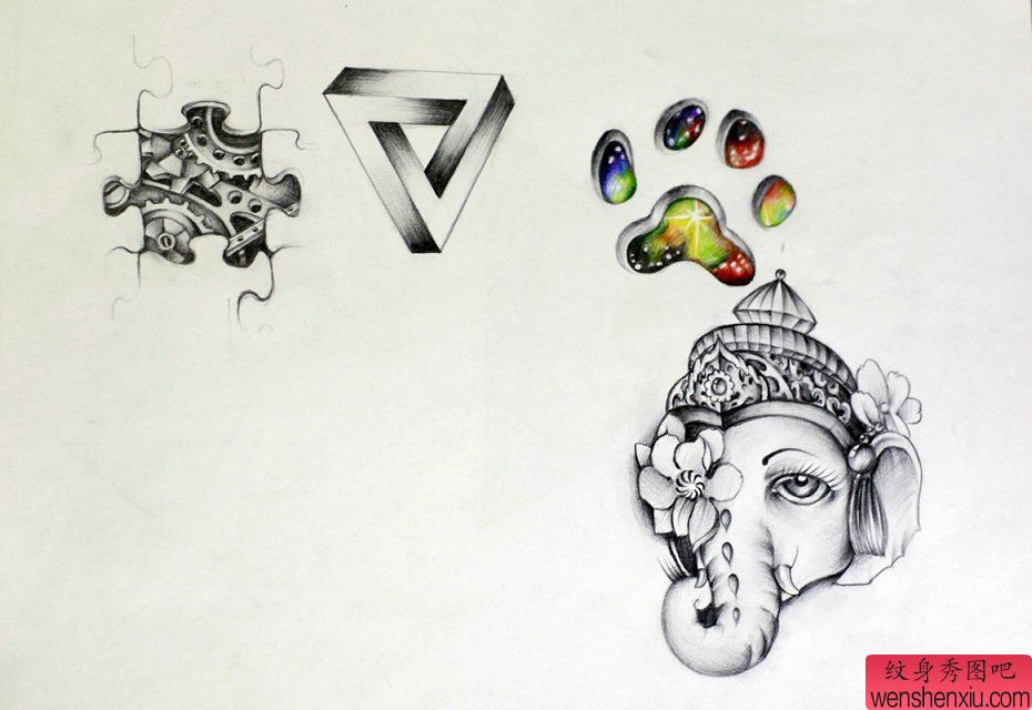 象神机械熊掌星空纹身手稿图案