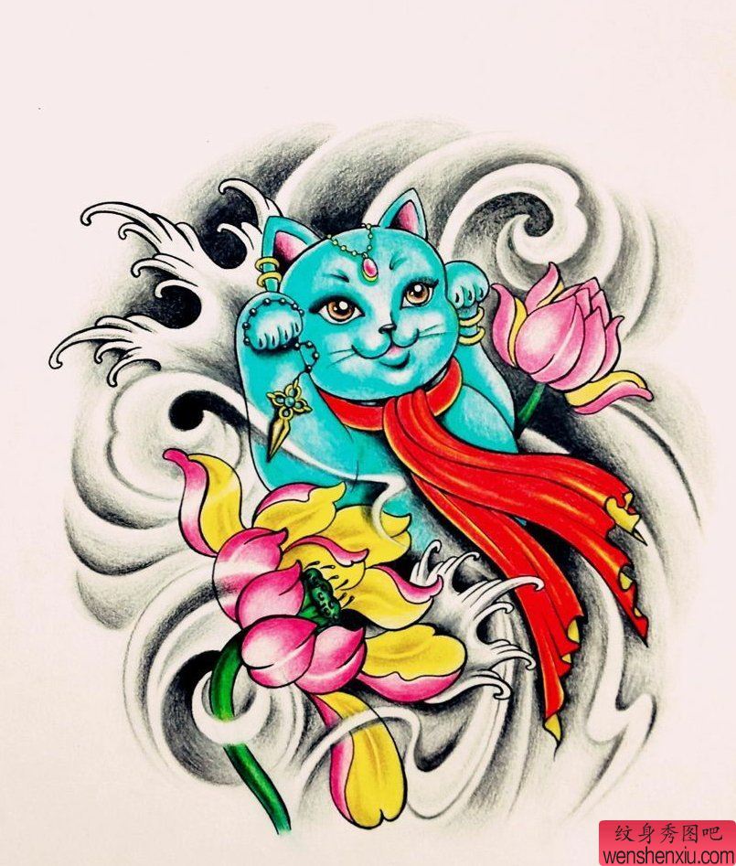 招财猫莲花纹身手稿图案