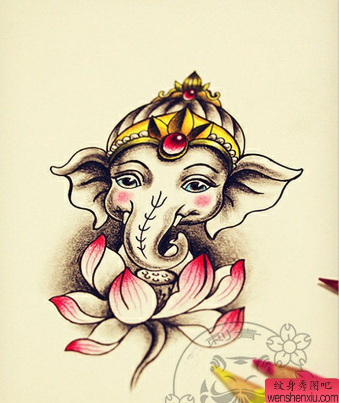象神莲花纹身手稿图案