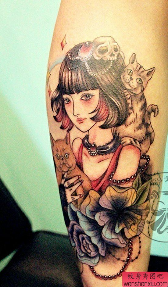 文身店推荐一幅美女猫花刺青图案