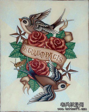 一幅燕子玫瑰花刺青手稿图案
