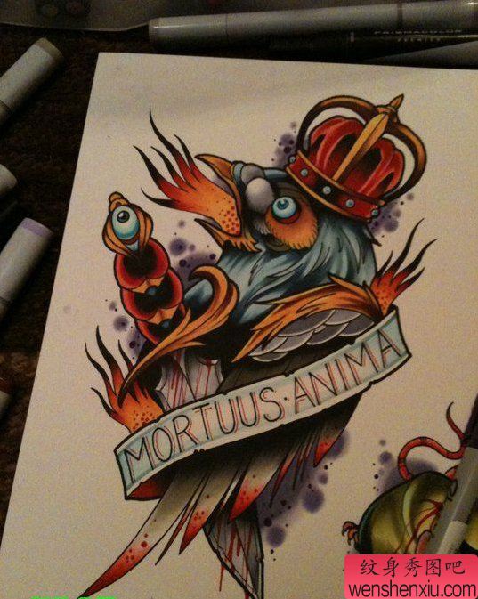 鸟匕首皇冠刺青手稿图案