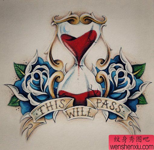 纹身秀图吧推荐一幅沙漏玫瑰花刺青图案