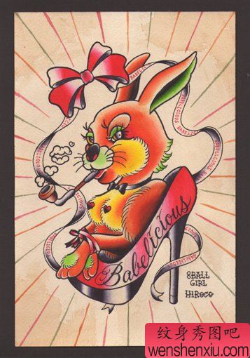 一幅兔子蝴蝶结高跟鞋刺青图案