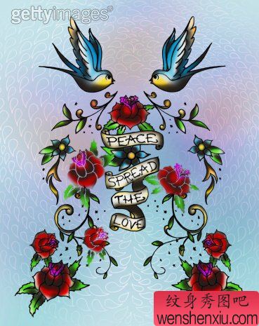 一幅燕子玫瑰花刺青图案