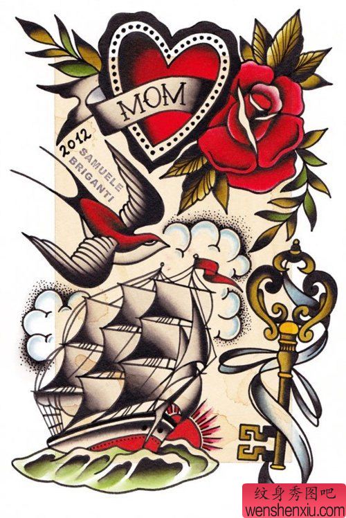 爱心玫瑰花燕子帆船钥匙纹身手稿图案