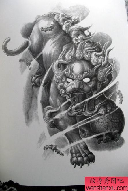 纹身秀图吧推荐一幅唐狮刺青手稿图案
