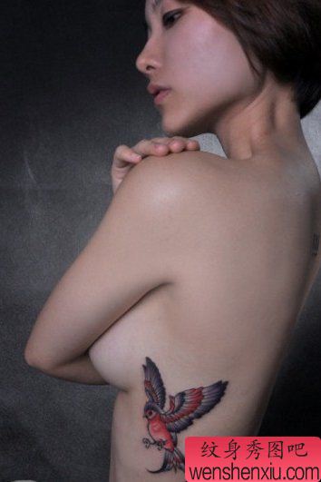 腰部彩色燕子纹身图案