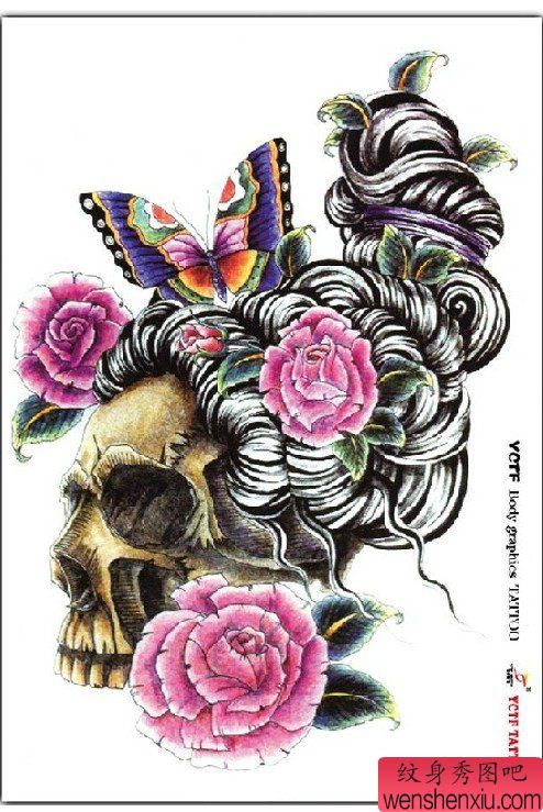 纹身秀图吧推荐一幅艺妓骷髅玫瑰纹身手稿图案
