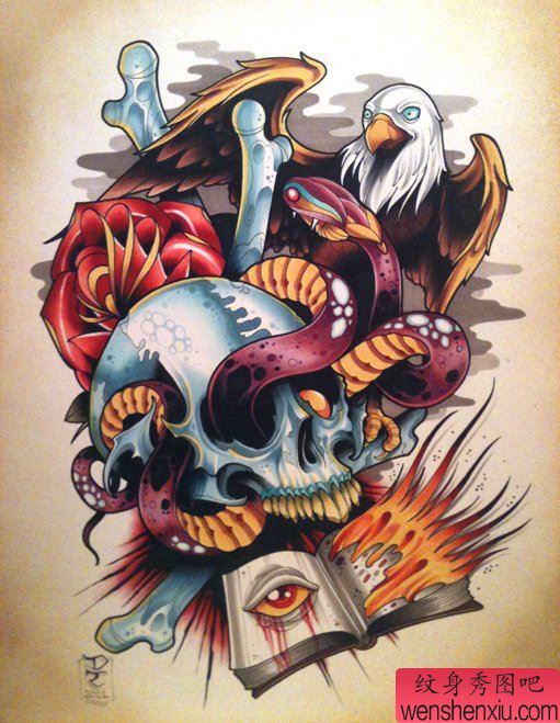 骷髅老鹰蛇刺青手稿图案有纹身秀图吧分享