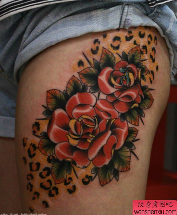 大腿玫瑰刺青图案由纹身秀图吧分享