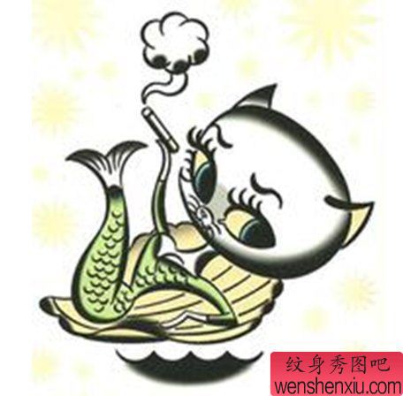 纹身秀图吧推荐一幅卡通鱼猫咪刺青图案