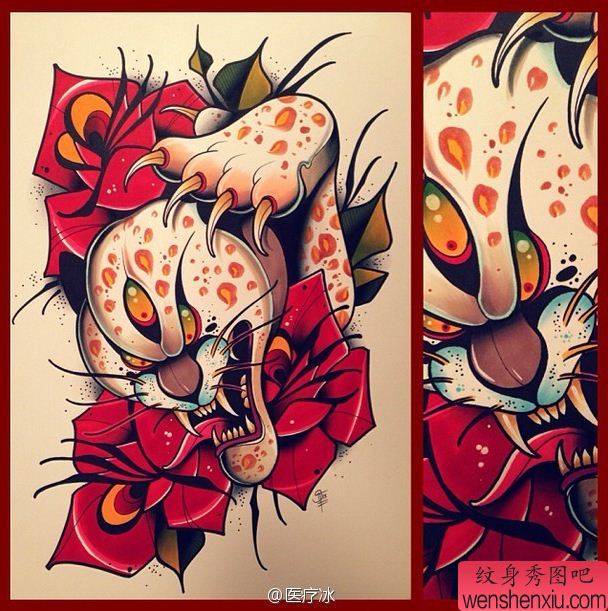 纹身秀图吧推荐一幅豹子花刺青手稿图案