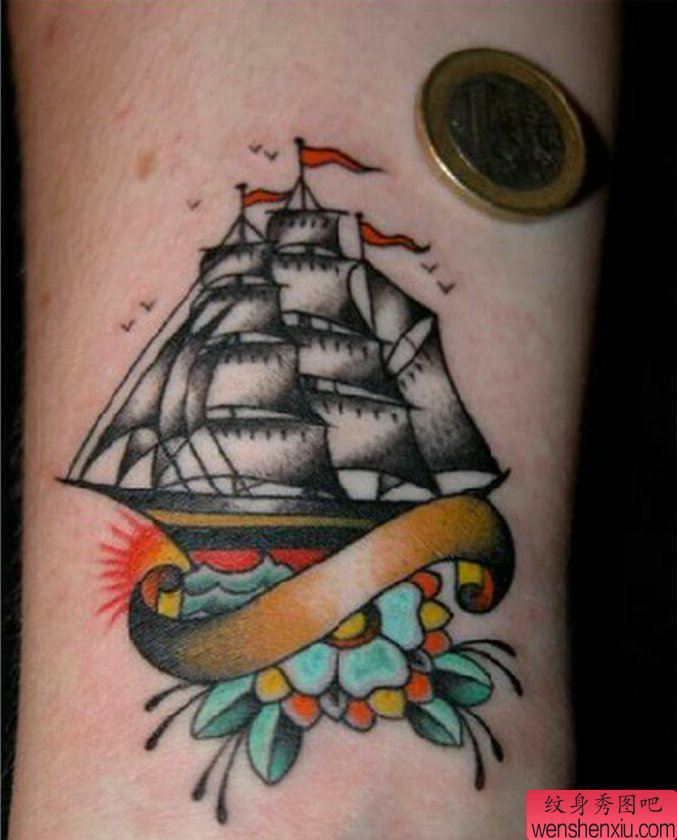 纹身秀图吧推荐一幅手臂帆船刺青图案