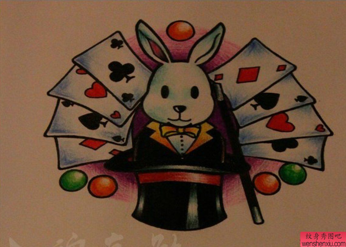 一幅兔子扑克牌刺青图案
