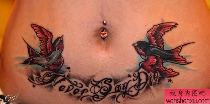 一幅女人腹部欧美燕子字母刺青图案
