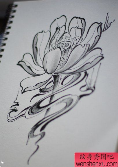 纹身秀图吧推荐一幅荷水墨刺青图案