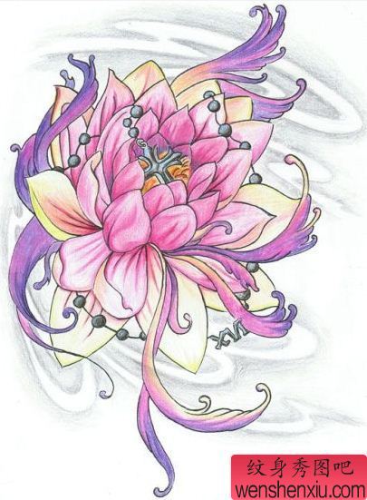 纹身秀图吧推荐一幅彩色莲花刺青手稿图案