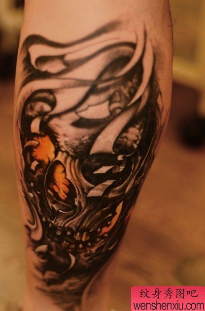 纹身秀图吧推荐一幅腿部骷髅头刺青图案