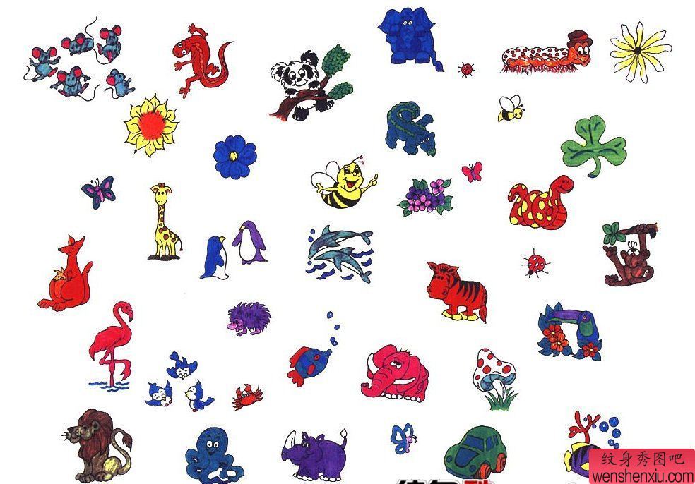 一组彩色卡通刺青图案