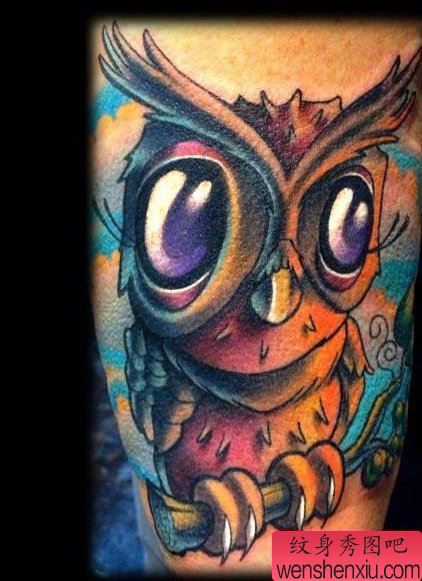 纹身秀图吧推荐一幅手臂彩色猫头鹰纹身图案