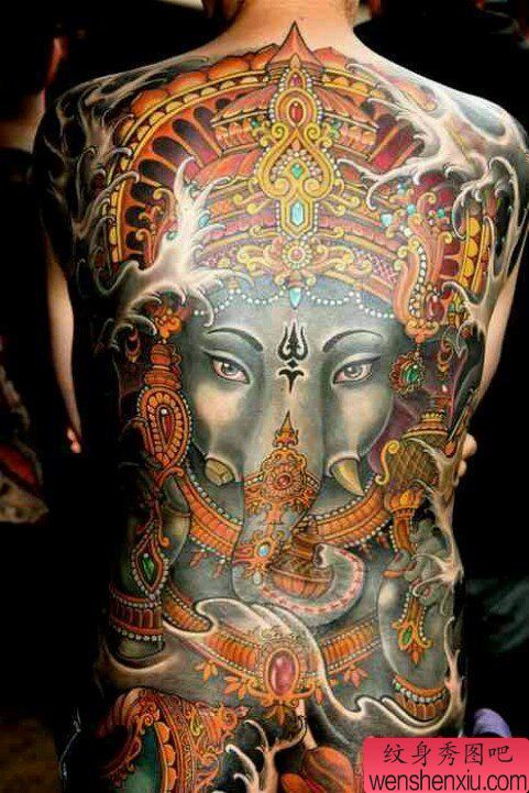 纹身秀图吧推荐一幅彩色满背象神纹身图案