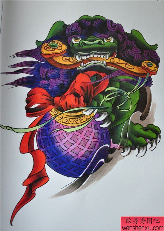一幅彩色唐狮纹身图案