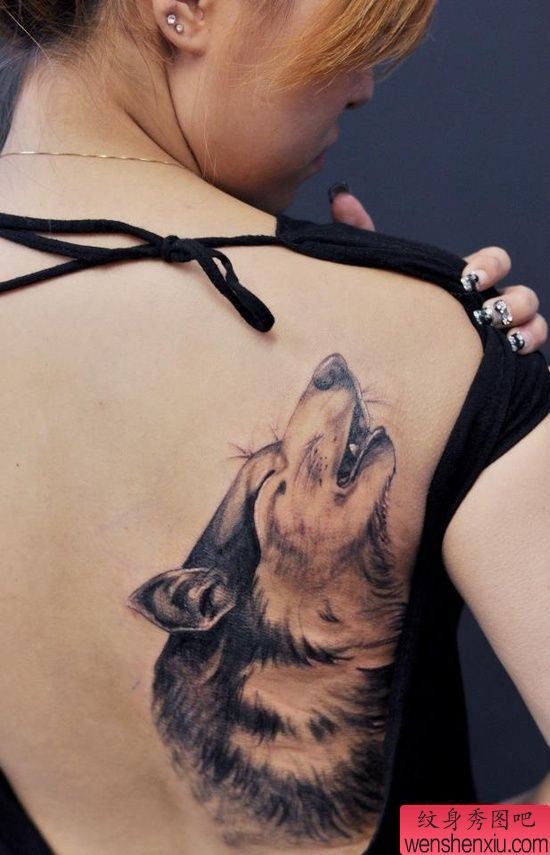 美女后背狼头纹身图案