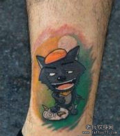 一幅彩色脚部卡通灰太狼纹身图案