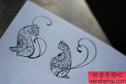 纹身秀图吧推荐一幅梵花猫纹身手稿图案