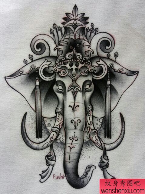 最好的纹身图案推荐一幅象神纹身手稿图案