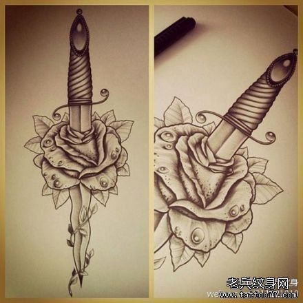 纹身秀图吧推荐一幅匕首花纹身图案