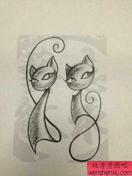 纹身秀图吧推荐一幅猫咪纹身手稿图案