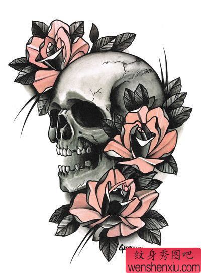 一幅骷髅玫瑰花纹身图案