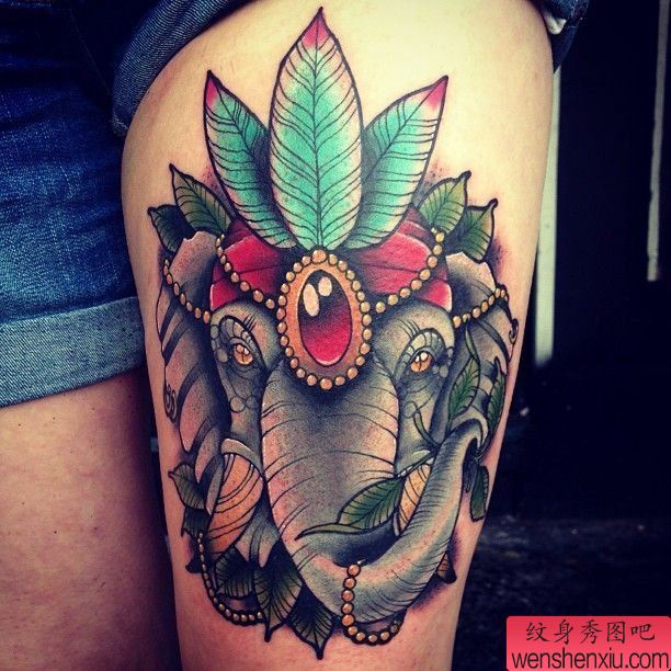 一幅大腿大象纹身图案