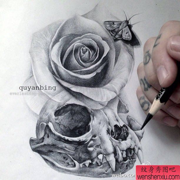 骷髅玫瑰花纹身手稿图案