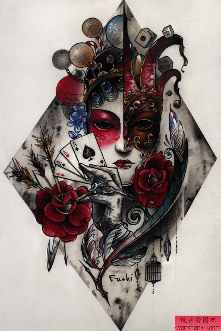 纹身秀图吧推荐一幅school风格小丑纹身图案