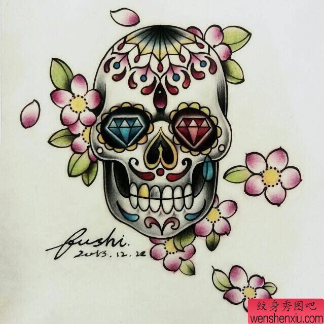纹身秀图吧推荐一幅彩色骷髅头樱花纹身图案