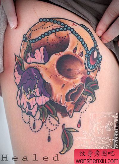 纹身秀图吧推荐一幅女人大腿骷髅头纹身