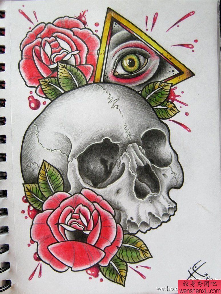 一幅骷髅头上帝之眼玫瑰花纹身图案