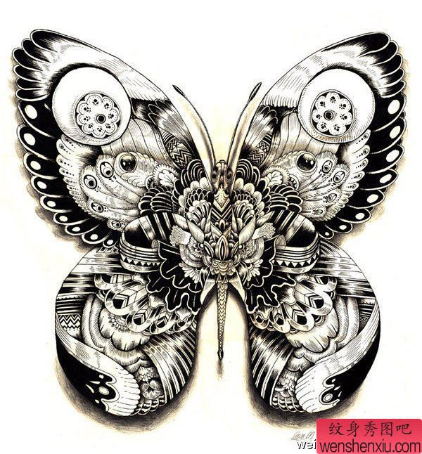 纹身秀图吧推荐一幅个性黑灰蝴蝶纹身图案