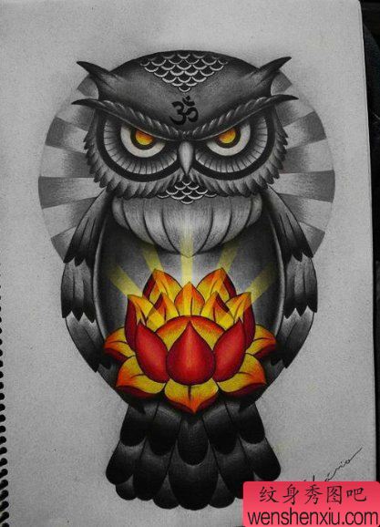 黑灰素描猫头鹰纹身图案