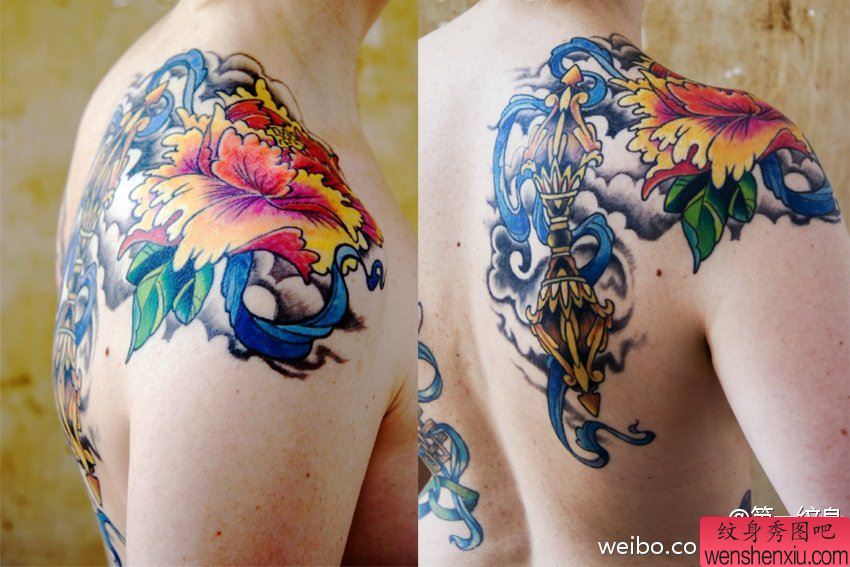 一幅彩色肩背法器牡丹纹身图案