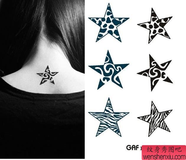 纹身馆推荐一幅颈部五角星纹身图案