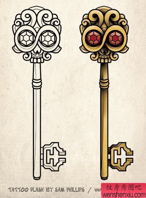 一幅骷髅钥匙纹身图案