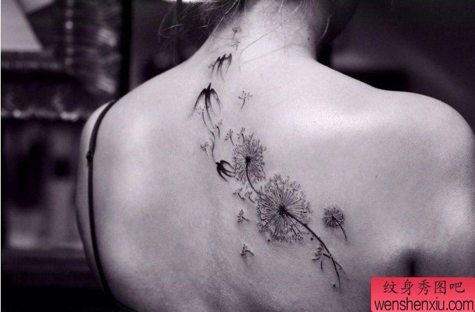 肩部蒲公英燕子纹身图案