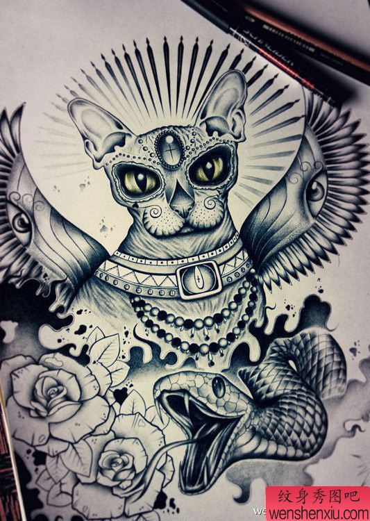 纹身秀图吧推荐一幅school风格猫纹身图案