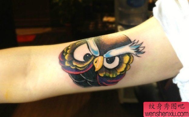 最好的纹身馆推荐一幅手臂彩色猫头鹰纹身图案