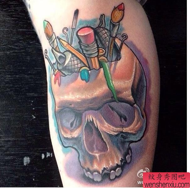 纹身秀图吧推荐一幅手臂骷髅头纹身图案