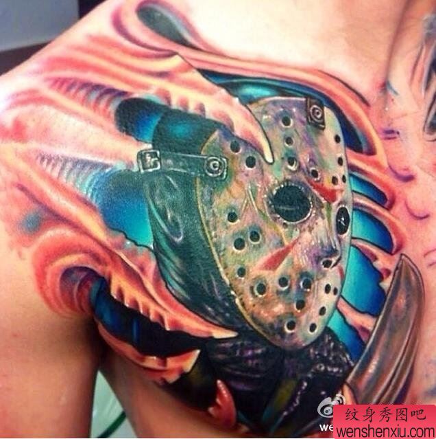 一幅胸部彩色机械纹身图案